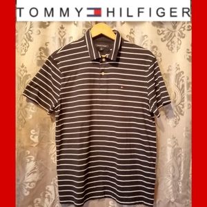 Tommy Hilfiger Navy and White Striped Short Sleeved Polo * Size Large